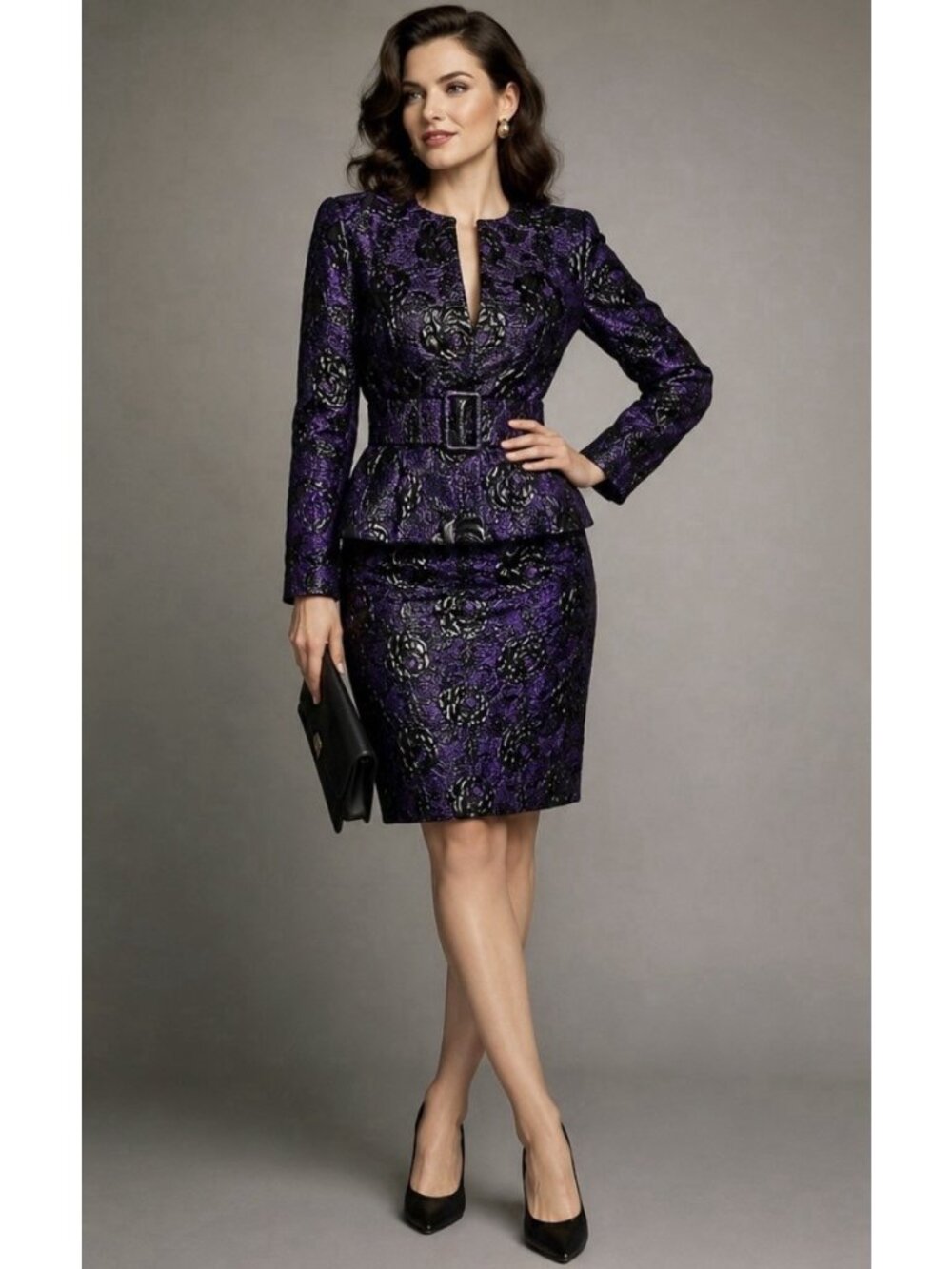 Vintage MARC VAUGHAN Womens M Purple & Black Textured 3pc Skirt Suit Set